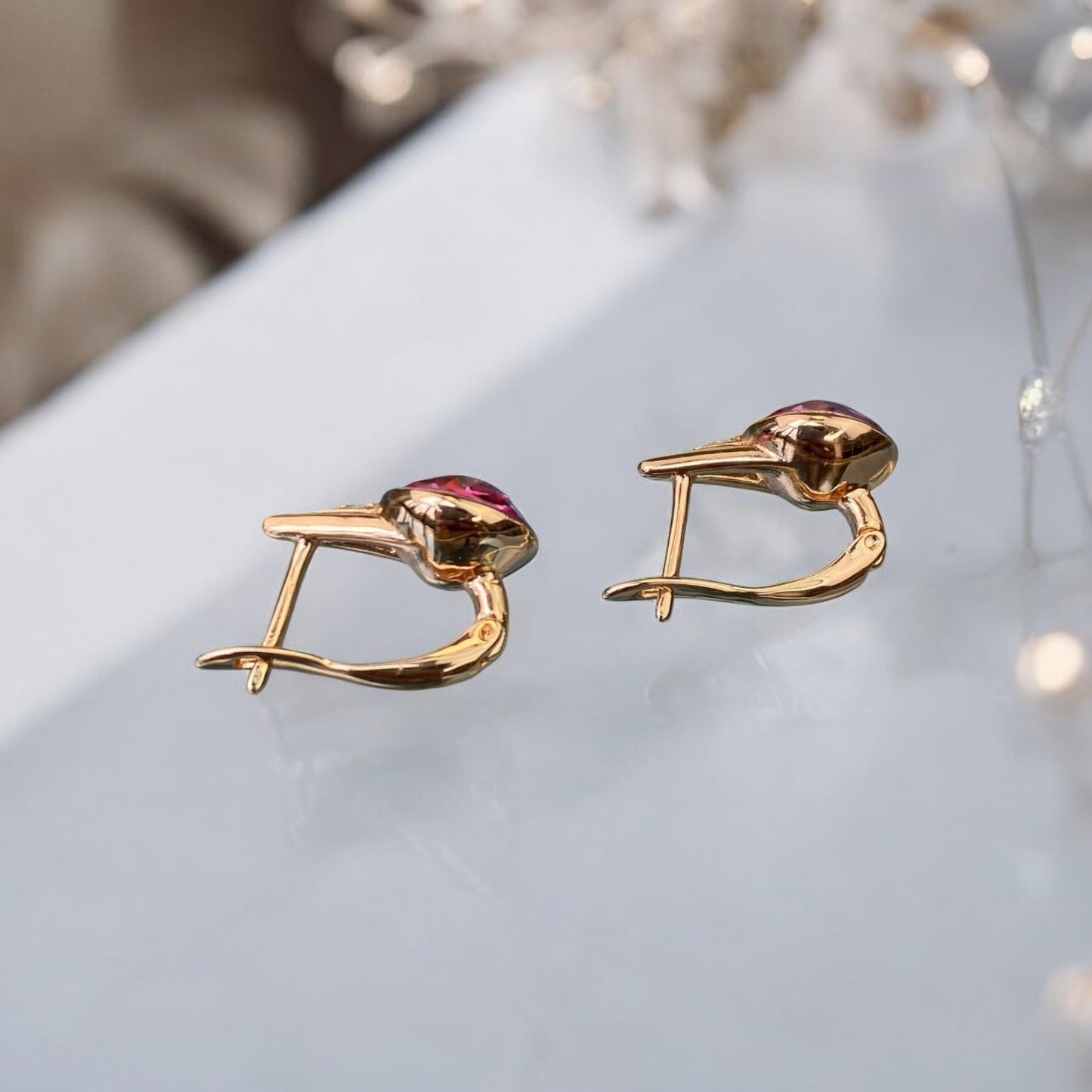 Gold Plated Stainless Steel Earrings with pink decorative crystal