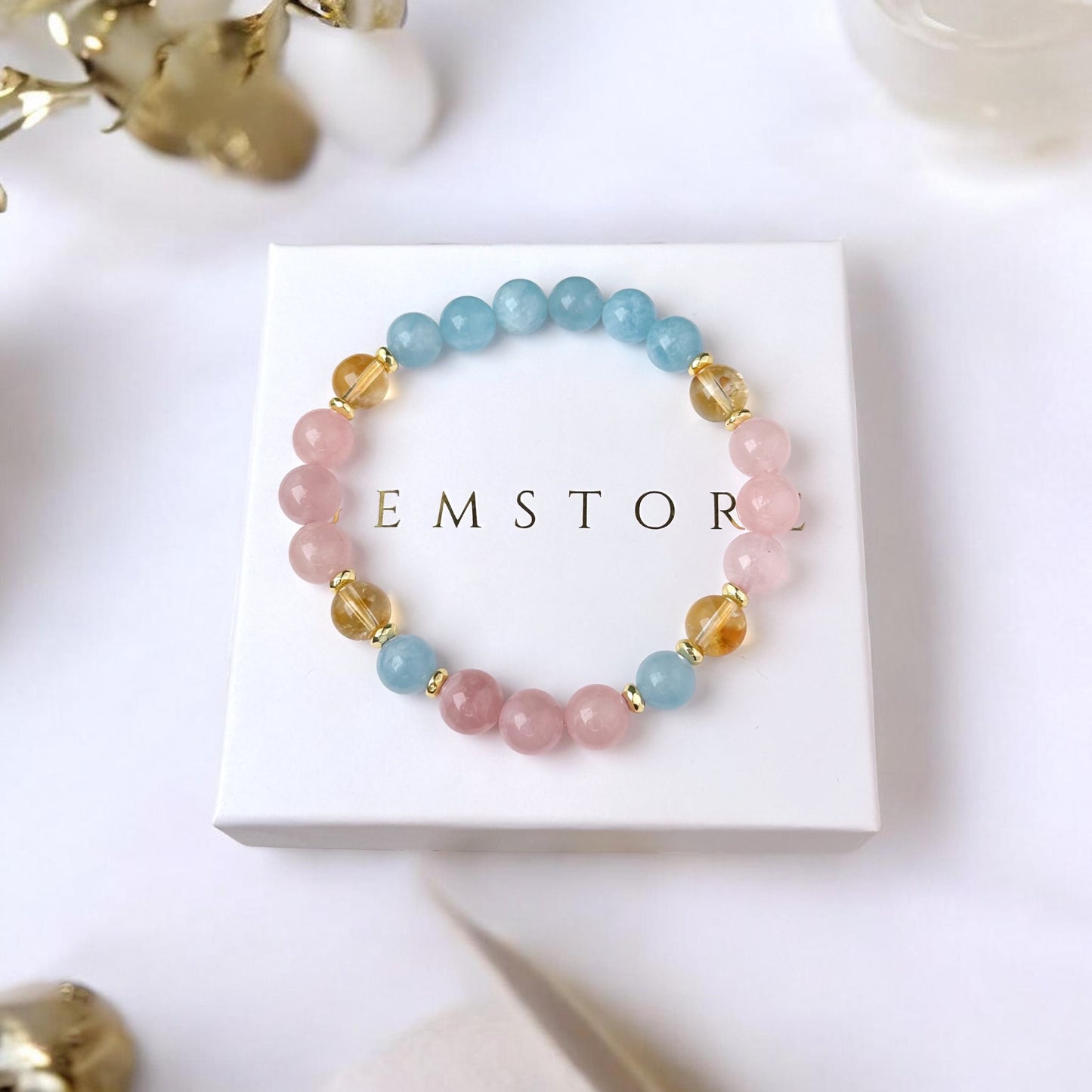 Rozā Kvarca, Akvamarīna un Citrīna aproce(Rozā Kvarcs, Akvamarīns, Citrīns 8mm)