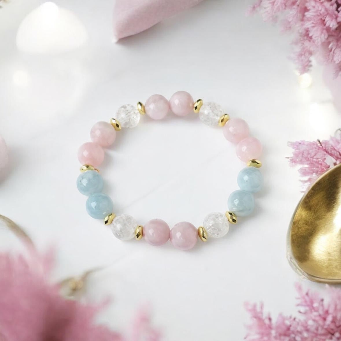 Rozā Kvarca, Akvamarīna un Kalnu Kristāla aproce (Rozā Kvarcs, Akvamarīns, Kalnu Kristāls, 10mm)
