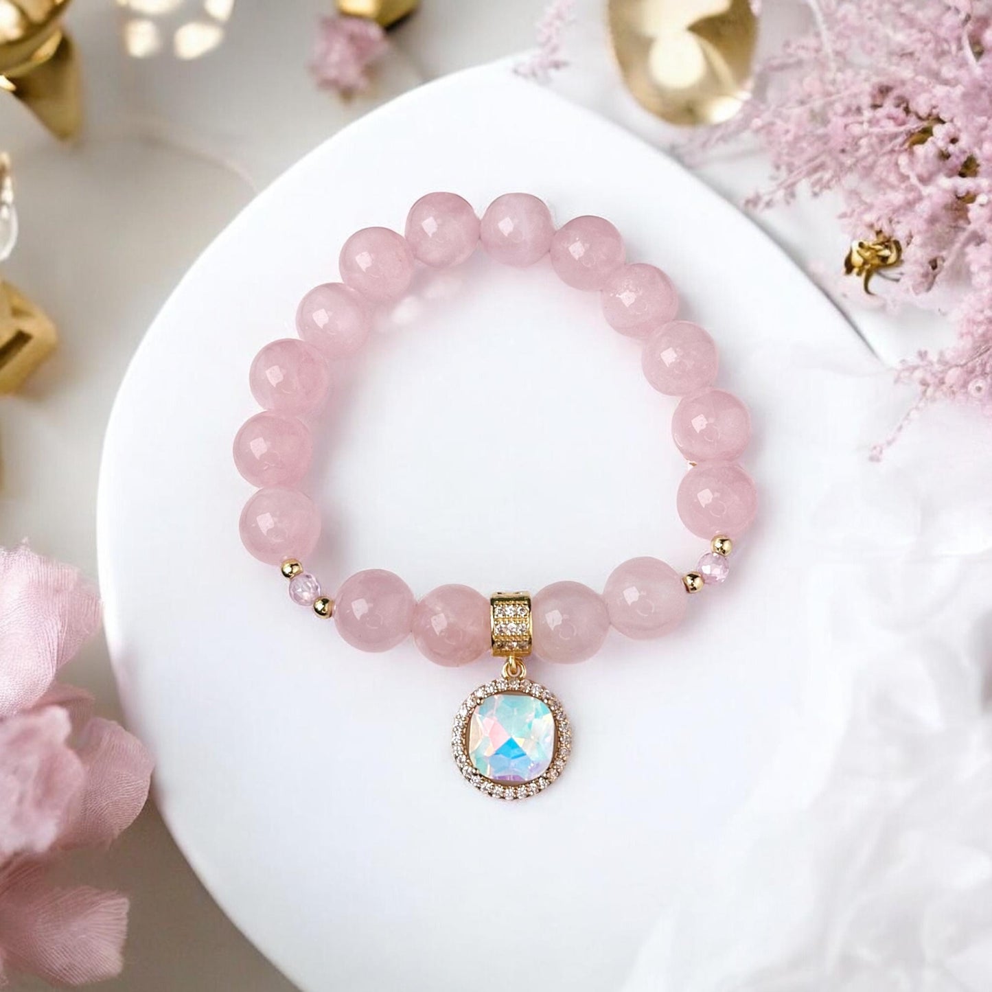 Madagaskaras Rozā kvarca aproce ar piekariņu (Rozā Kvarcs 10mm)