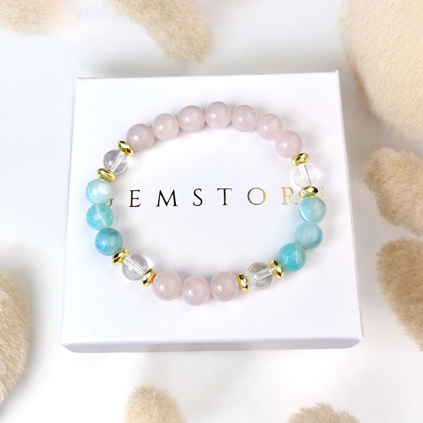 Rozā Kvarca, Ahāta un Kalnu Kristāla rokassprādze (Rozā Kvarcs, Ahāts tonēts, Kalnu Kristāls, 8mm. Skaistumam, veselībai un veiksmei.)