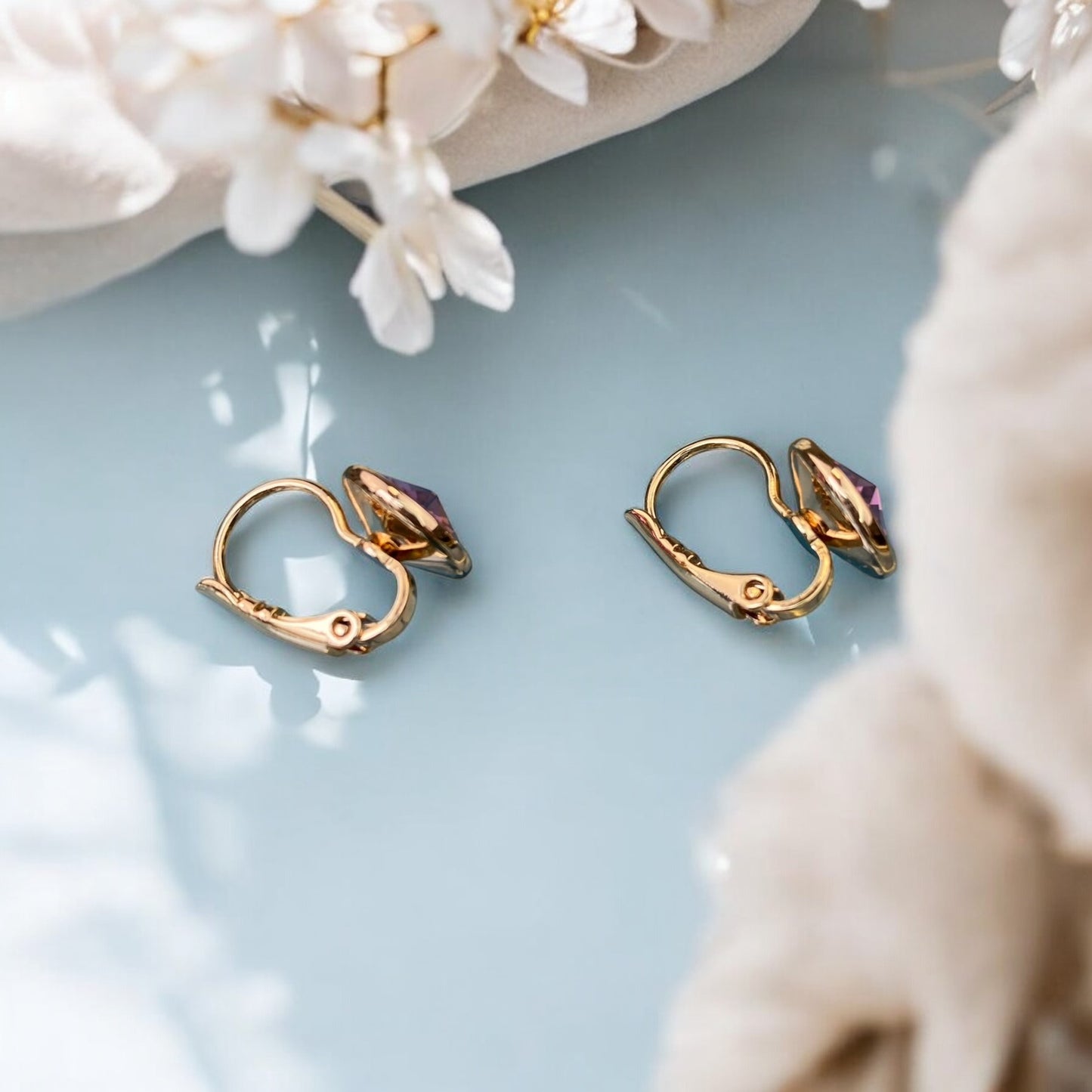 Gold Plated Stainless Steel Earrings with pink decorative crystal