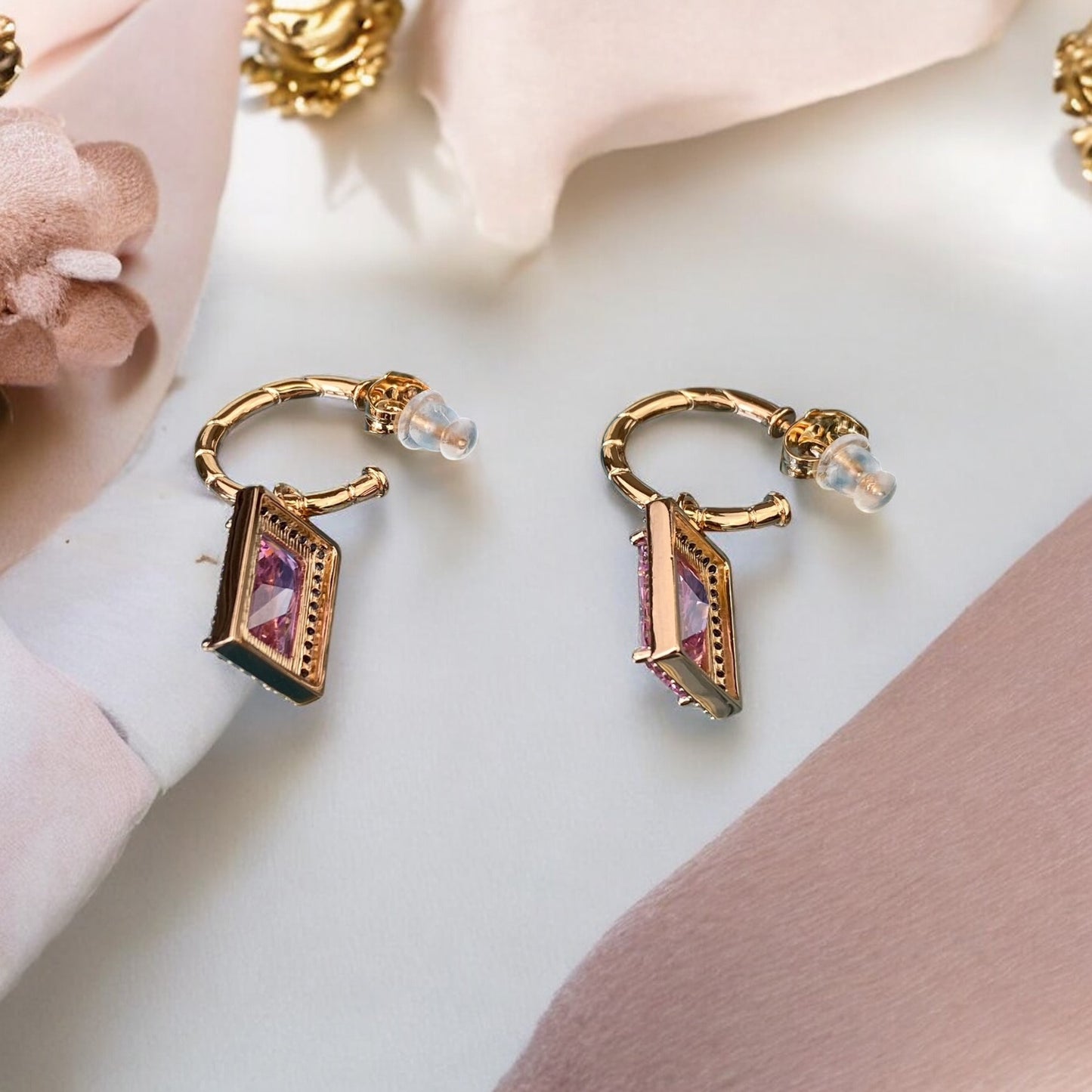Gold Plated Stainless Steel Earrings with pink decorative crystal