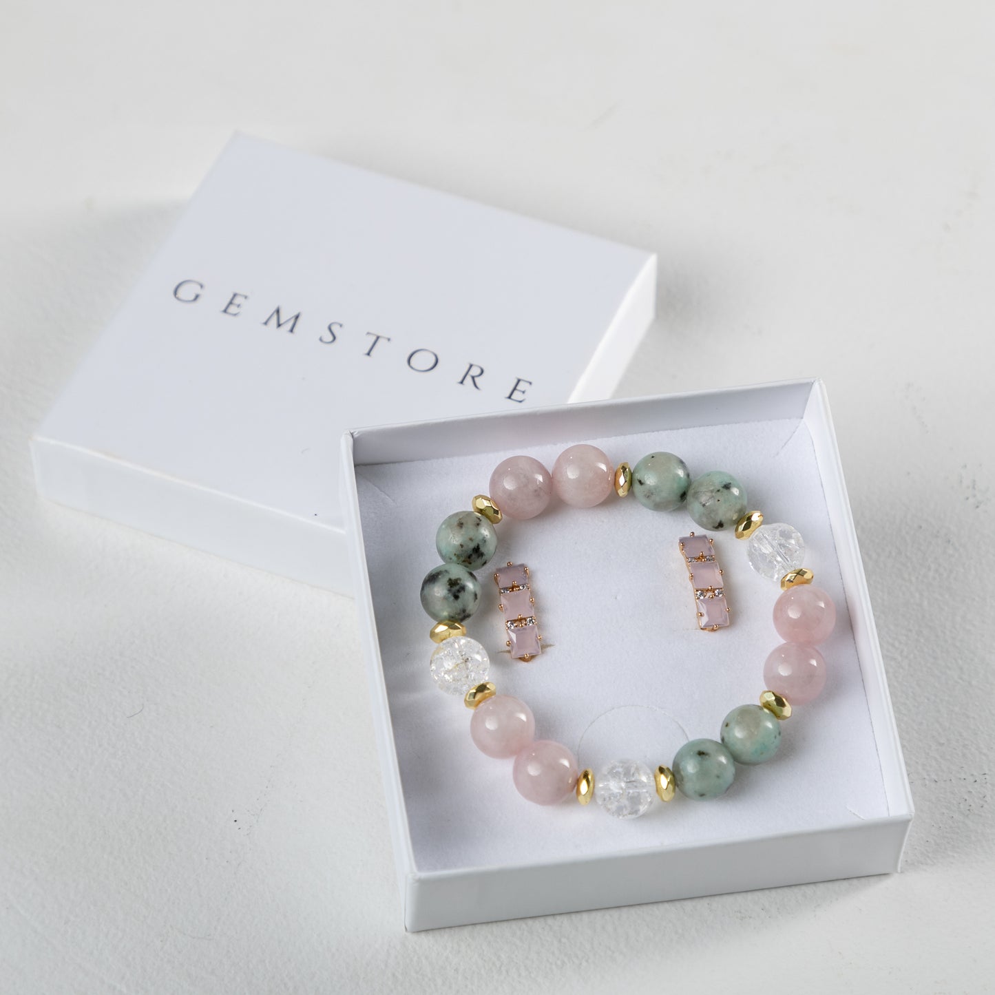 Madagascar Rose Quartz  with Kiwi Jasper and Clear Quartz bracelet  set with decorative crystals earrings