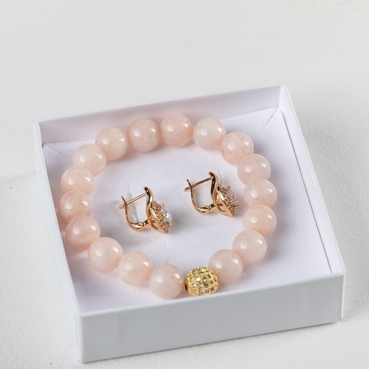 Madagascar Rose Quartz bracelet set with decorative crystals earrings