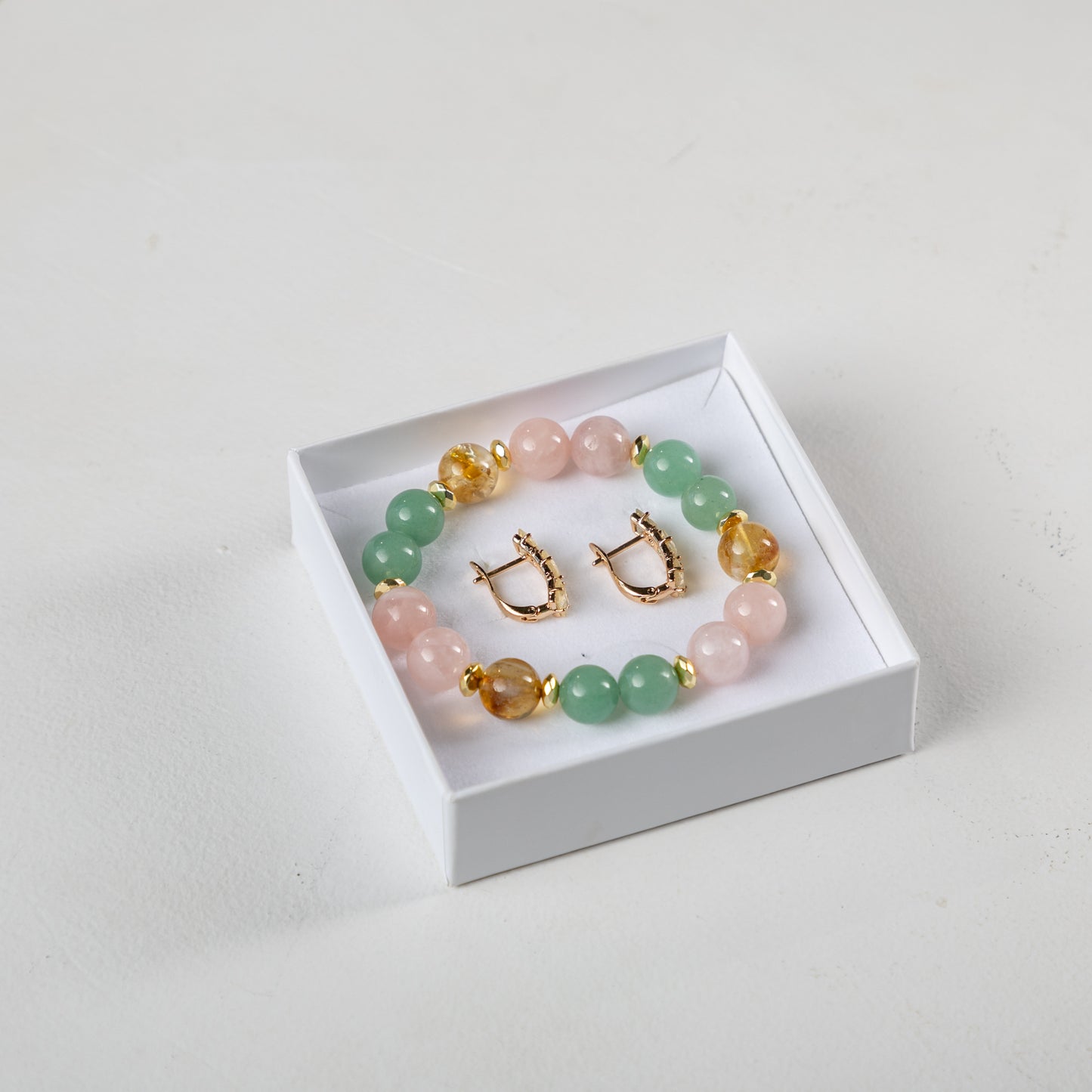 Madagascar Rose Quartz  with Aventurine and Citrine bracelet  set with decorative crystals earrings