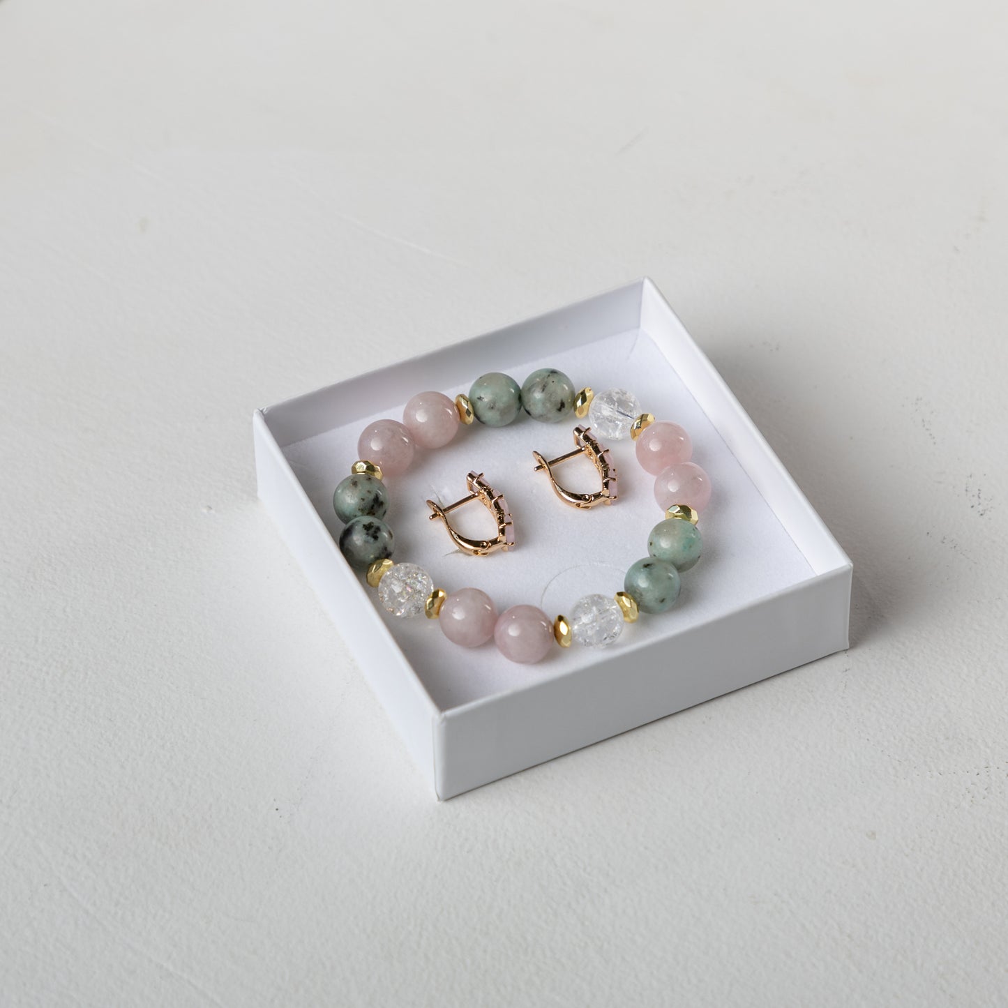 Madagascar Rose Quartz  with Kiwi Jasper and Clear Quartz bracelet  set with decorative crystals earrings