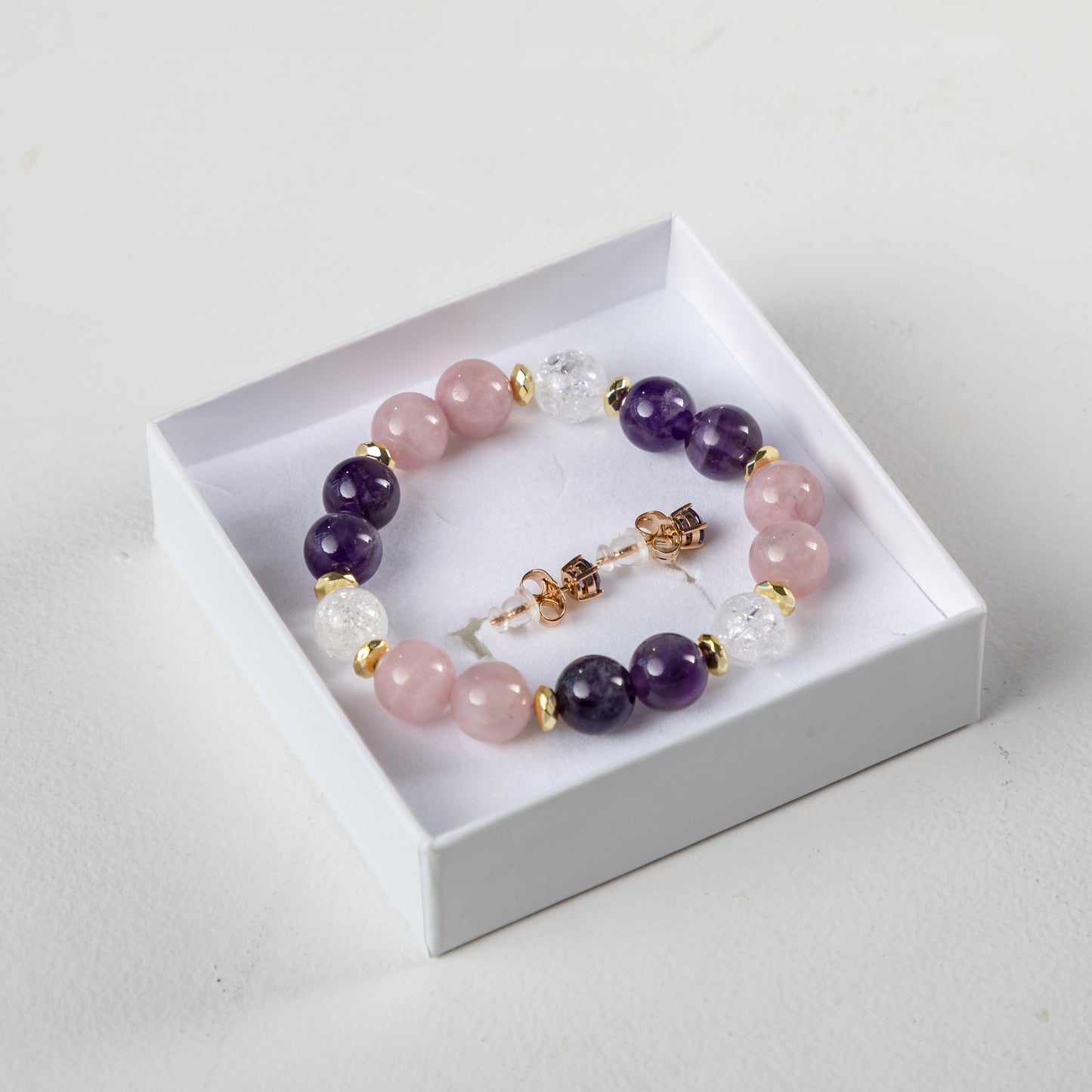 Madagascar Rose Quartz  with Amethyst and Clear Quartz bracelet  set with decorative crystals earrings