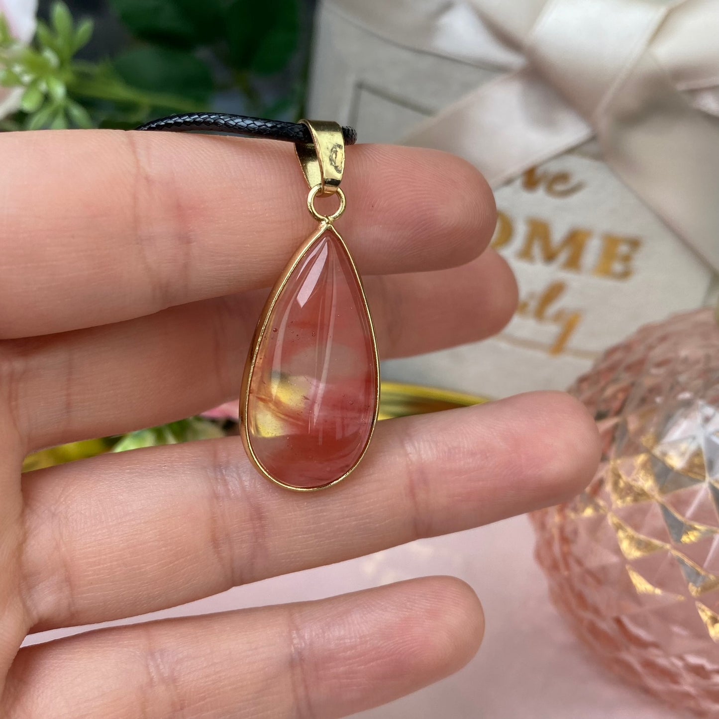 Cherry Quartz Glass pendant (Cherry Quartz is an artificially created crystal)