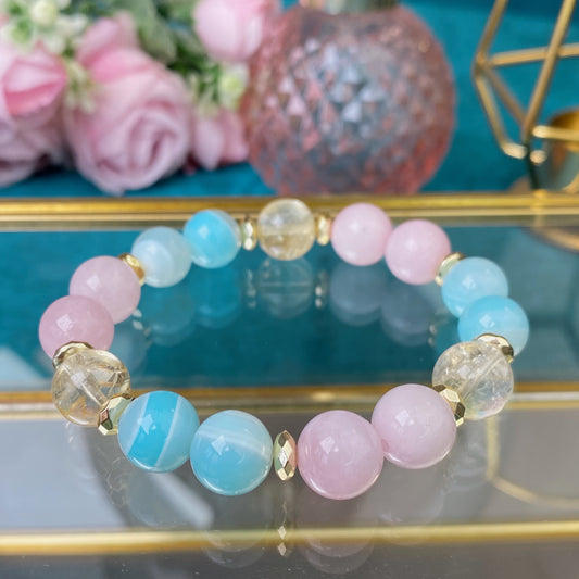 Madagascar Rose Quartz bracelet with Citrine and Agate (Madagascar Rose Quartz, Citrine, Agate,10mm.For love, money and luck)