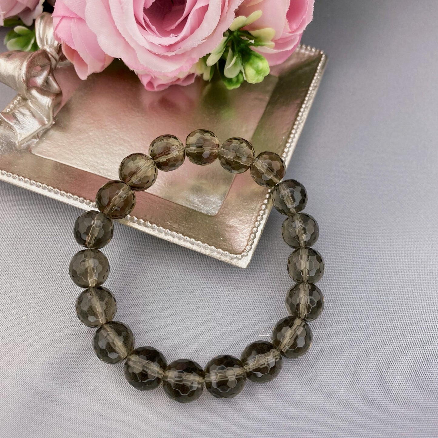 Dūmu Kvarca rokassprādze (Dūmu kvarcs / Rauhtopāzs 10mm, slīpēta forma)