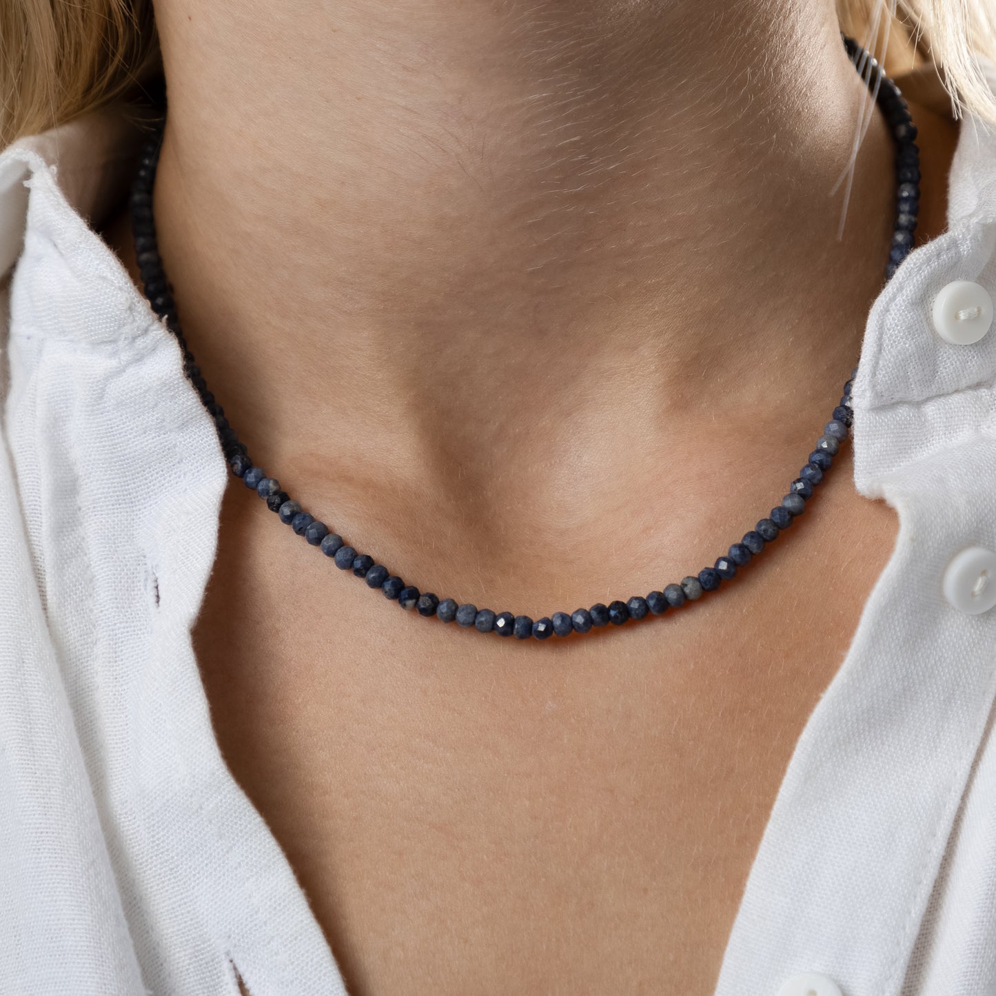 Sapphire necklace (Sapphire with a certificate, polished shape, 4mm, 38cm. Clasp Silver 925 gold plated.)