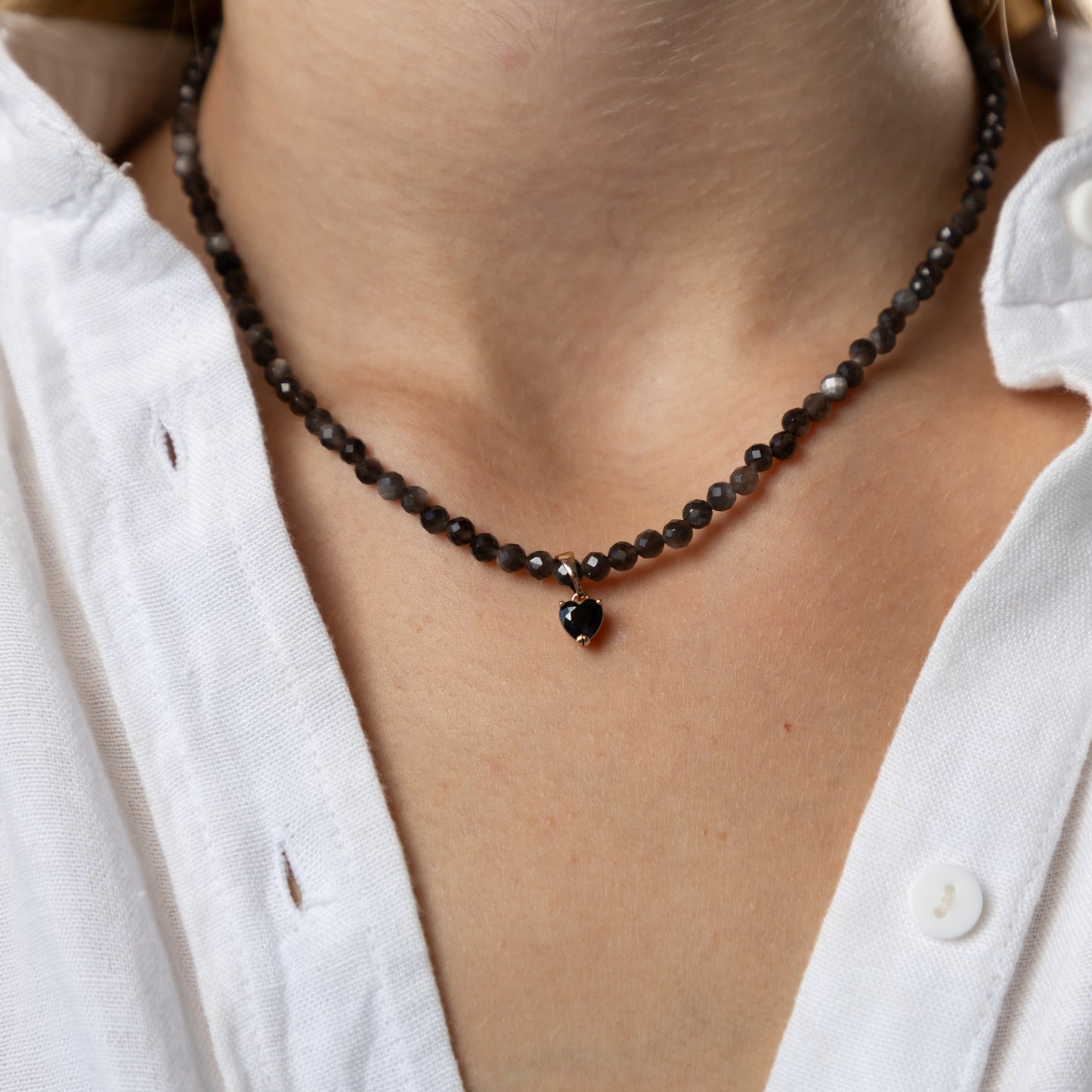 Silver Obsidian necklace with heart pendant (Obsidian, polished shape, 4mm, 38.5cm, Clasp Silver 925 gold plated.)