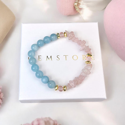 Akvamarīna un Rozā Kvarca rokassprādze (Akvamarīns 8mm, Rozā Kvarcs. Drosmei, mīlestībai un harmonijai.)