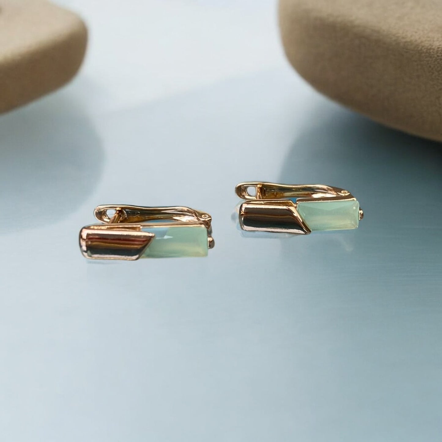 Gold Plated Stainless Steel Earrings with green decorative crystal