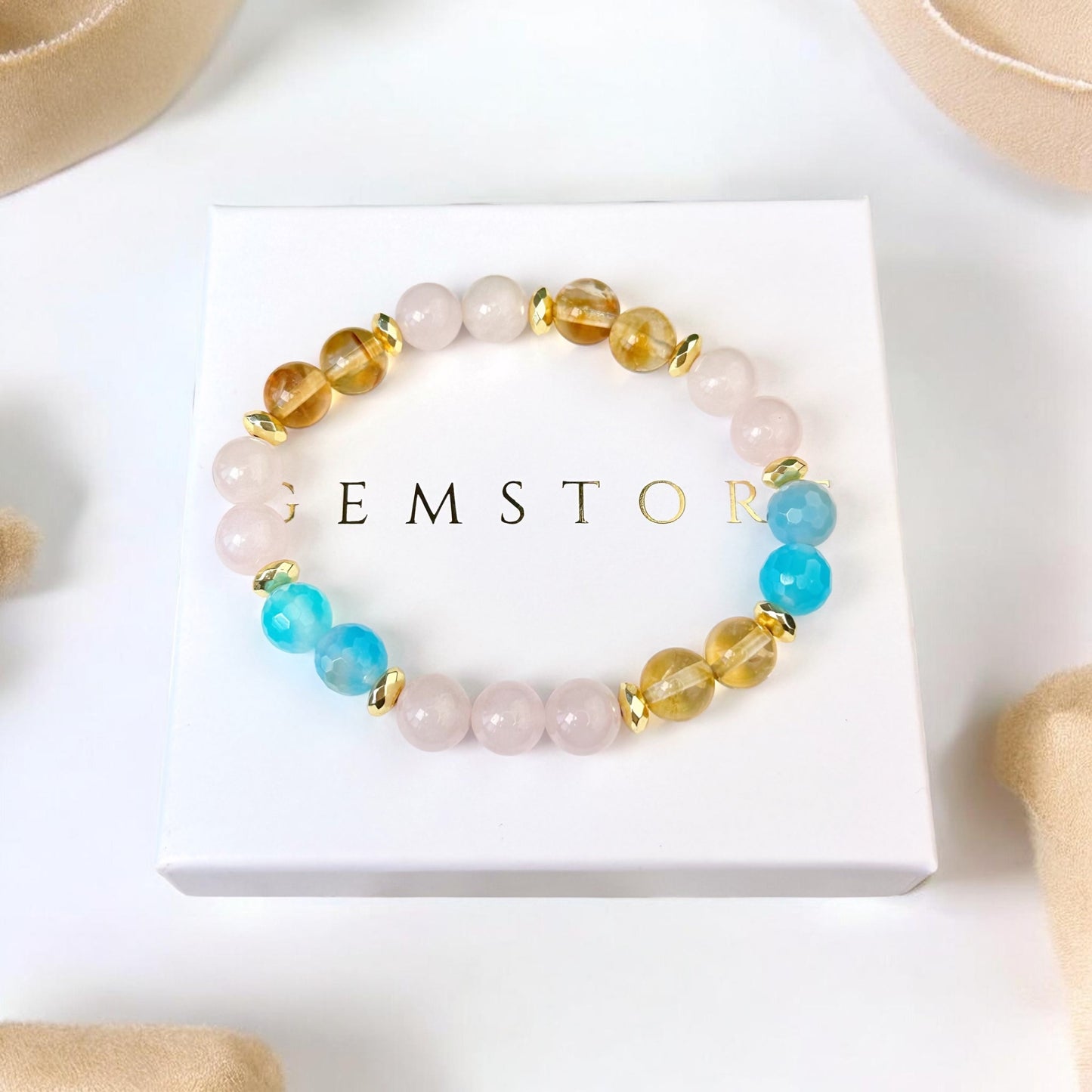 Rozā Kvarca, Ahāta un Citrīna rokassprādze (Rozā Kvarcs, Ahāts tonēts, Citrīns, 8mm. Skaistumam, veiksmei un labklājībai.)