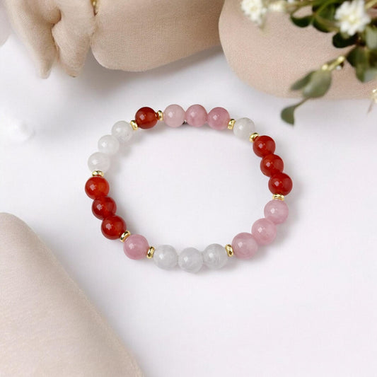 Madagaskaras Rozā Kvarca, Mēnessakmens un Karneola aproce ( Rozā Kvarcs, Mēnessakmens, Karneols (Serdoliks) 8mm)