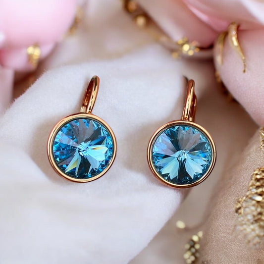 Gold Plated Stainless Steel Earrings with  blue decorative crystal