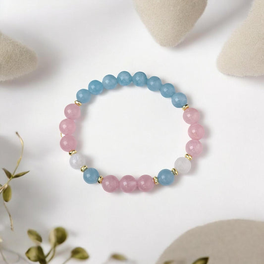 Rozā Kvarca, Akvamarīna un Mēnessakmens aproce( Rozā Kvarcs, Mēnessakmens, Akvamarīns 8mm)