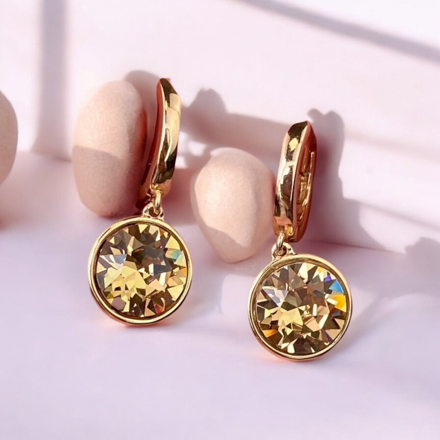 Gold Plated Stainless Steel Earrings-rings with decorative yellow crystal