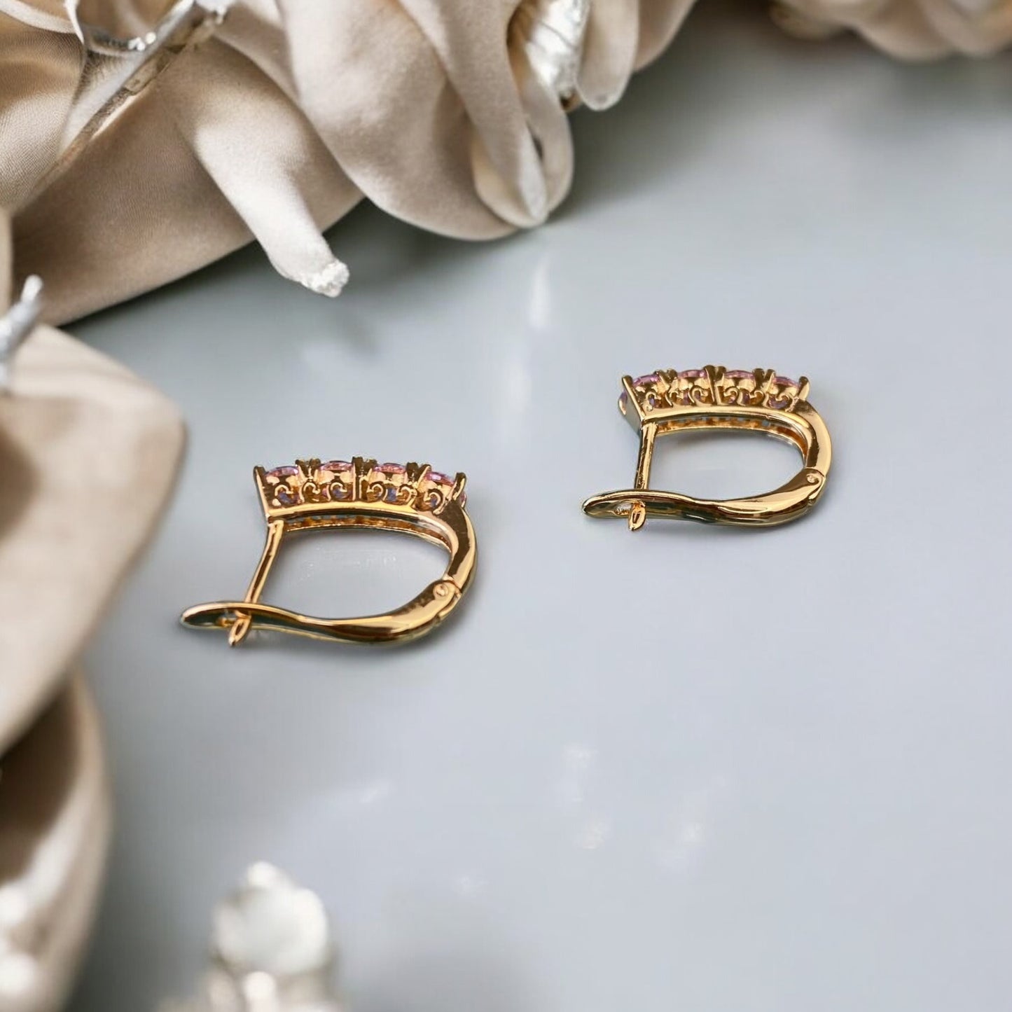 Gold Plated Stainless Steel Earrings with pink decorative crystals