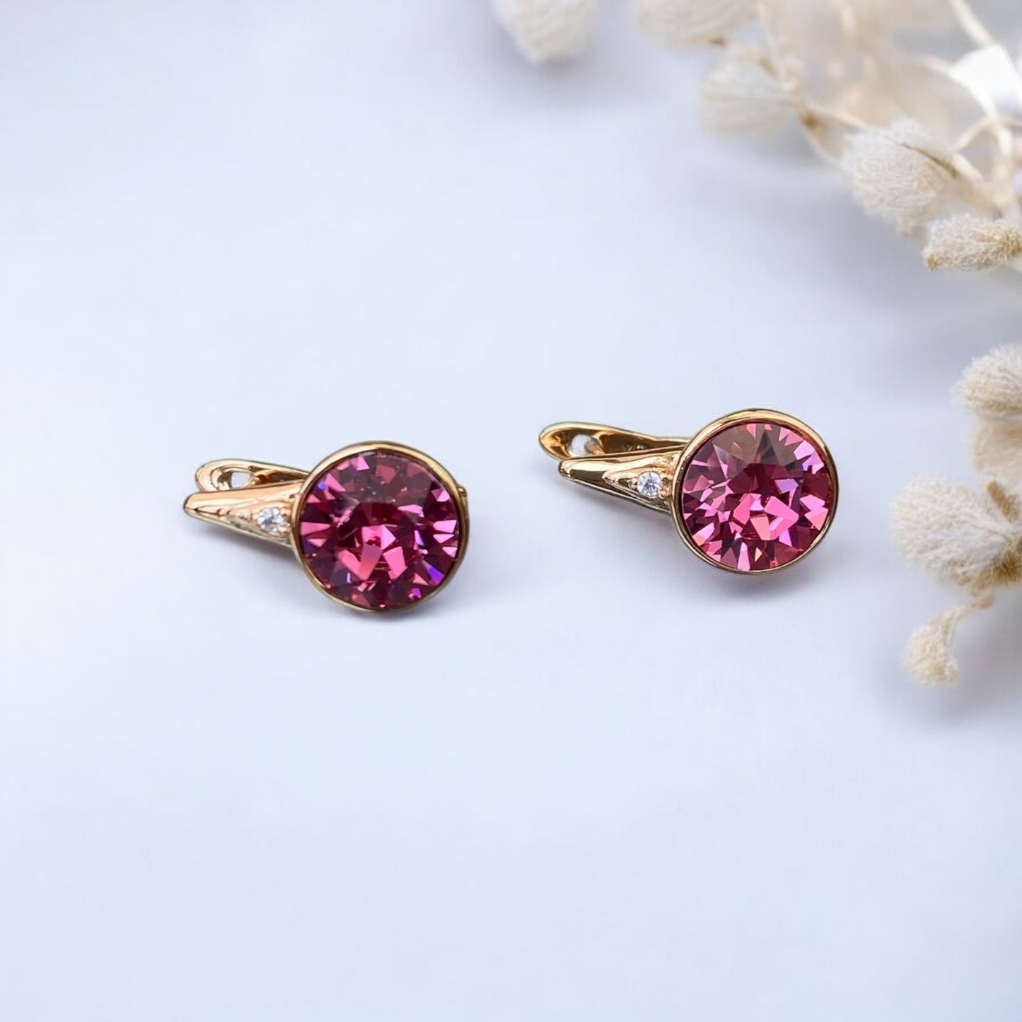 Gold Plated Stainless Steel Earrings with pink decorative crystal