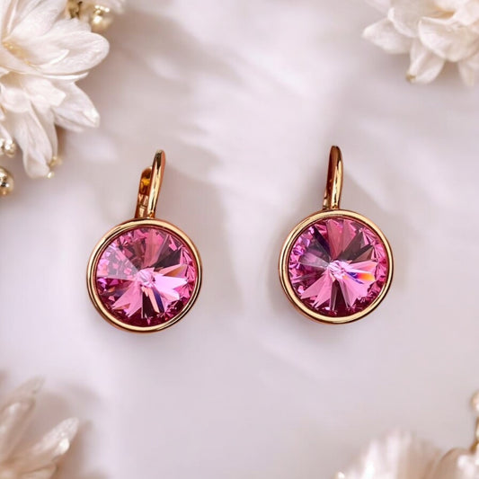 Gold Plated Stainless Steel Earrings with  pink decorative crystal