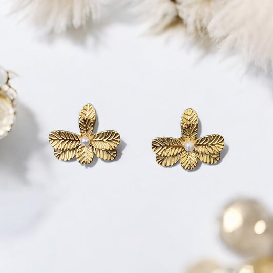 Gold Plated Stainless Steel  Earrings "Flower" with River Pearl