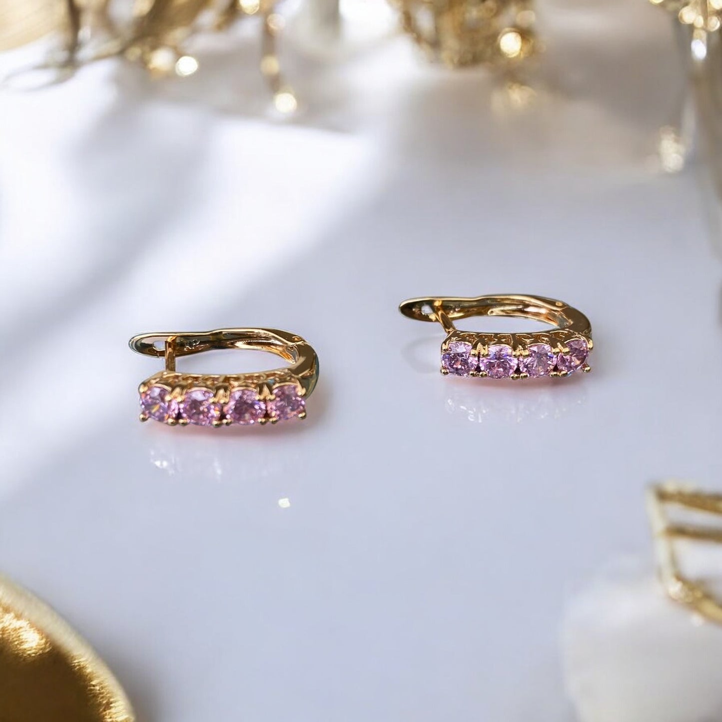 Gold Plated Stainless Steel Earrings with pink decorative crystals