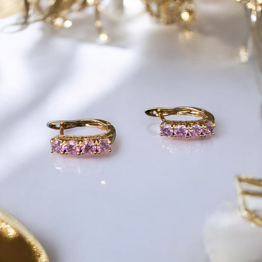 Gold Plated Stainless Steel Earrings with pink decorative crystals