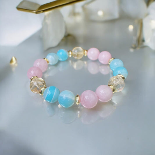 Madagaskaras Rozā Kvarca rokassprādze ar Citrīnu un Ahātu (Rozā Kvarcs, Citrīns, Ahāts tonēts 10mm. Mīlestībai, naudai un veiksmei.)