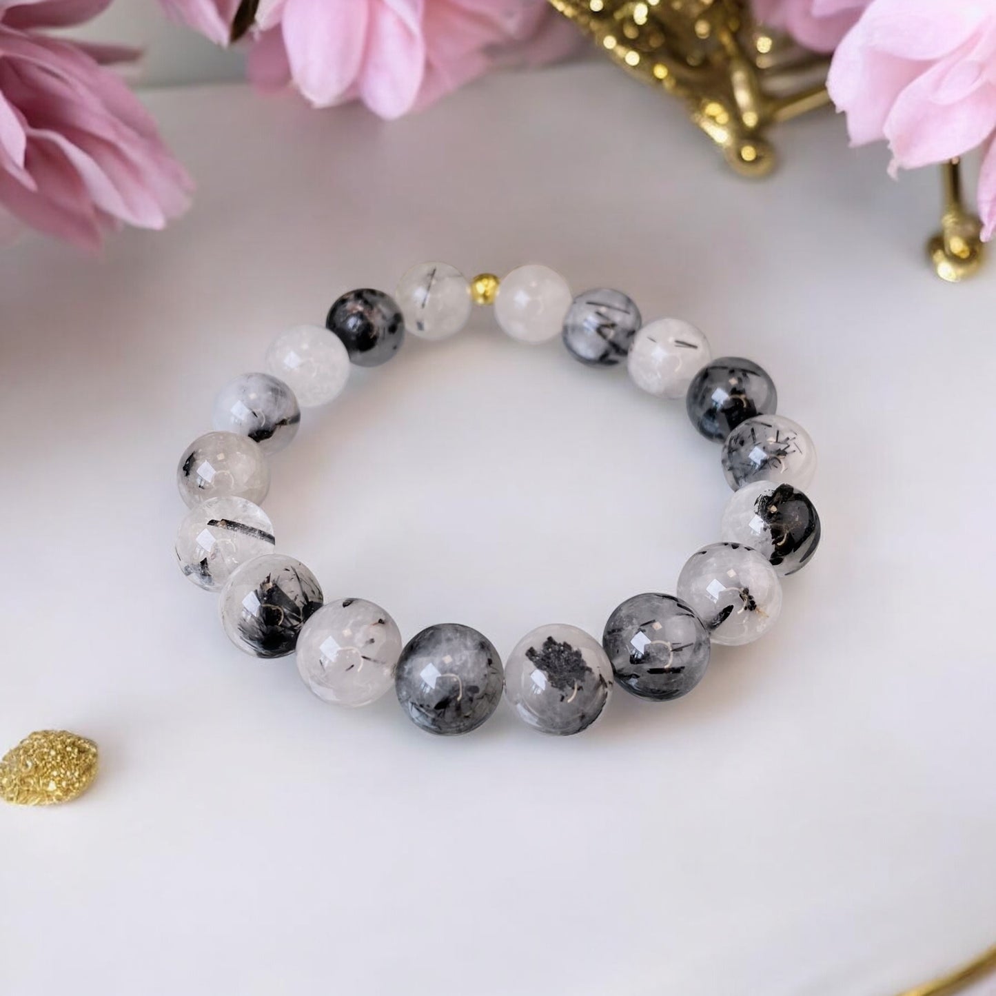 Tourmalinated Quartz bracelet (Tourmalinated Quartz, 10mm. For balance, energy and success.)
