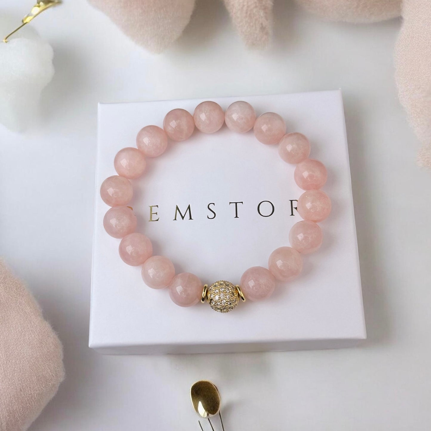 Rozā Kvarca aproce ar dekoratīvu bumbiņu  (Rozā Kvarcs, 10mm)