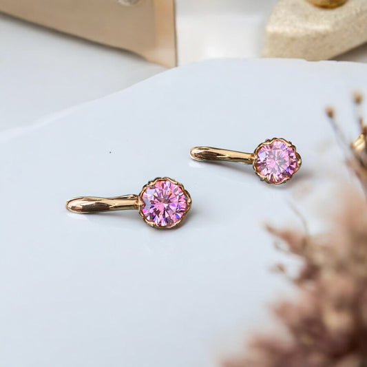 Gold Plated Stainless Steel Earrings with decorative pink crystal