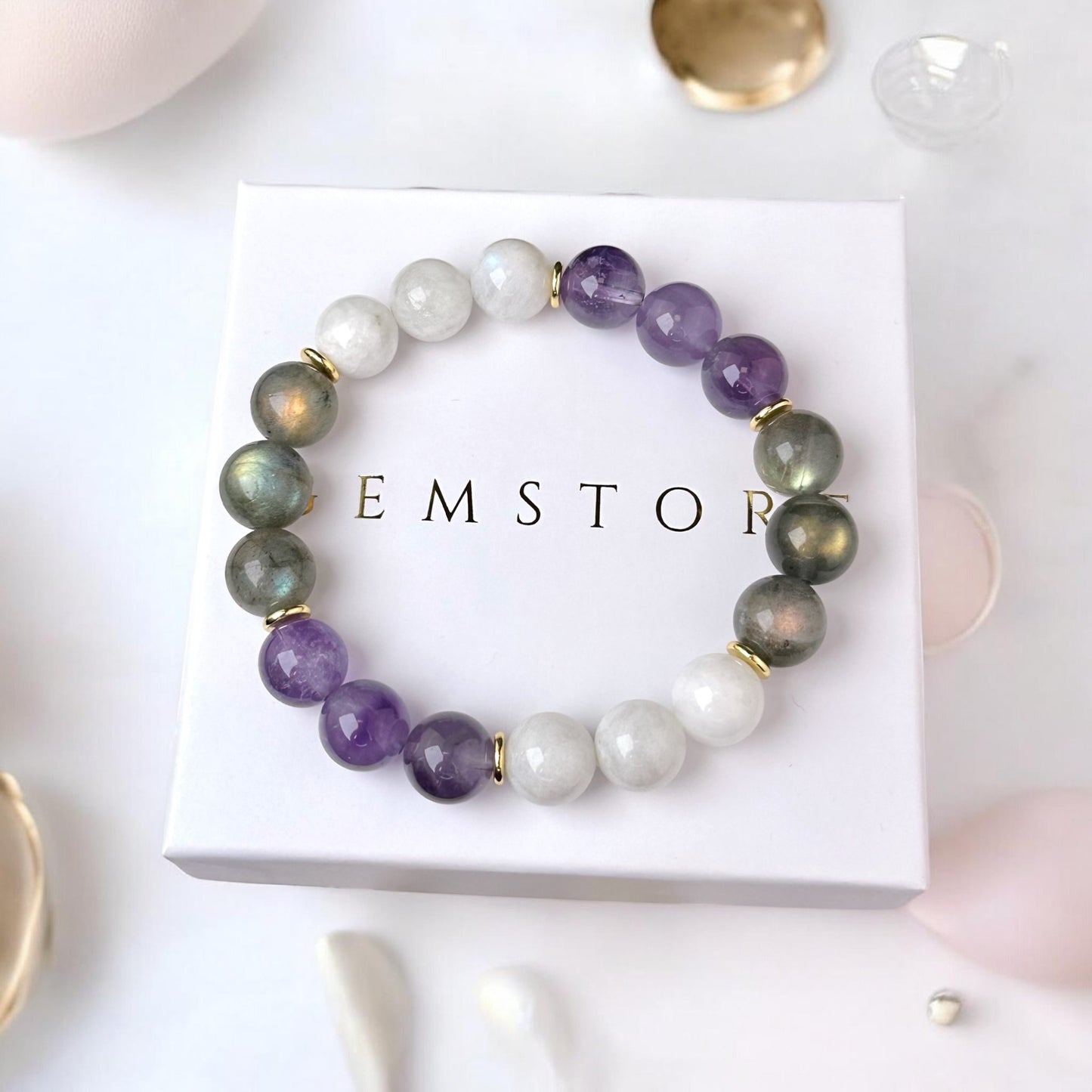 Labradorīta, Mēnessakmens un Ametista aproce ( Labradorīts, Mēnessakmens, Ametists 10mm)