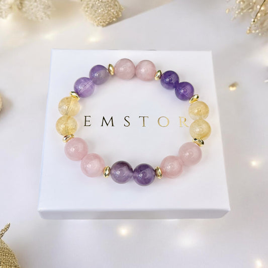 Ametista, Rozā Kvarca un Citrīna rokassprādze (Ametists, Rozā Kvarcs, Citrīns, 10mm. Mīlestībai, veiksmei un pozitīvai enerģijai.)