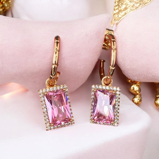 Gold Plated Stainless Steel Earrings with pink decorative crystal