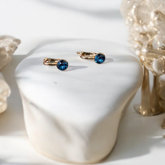 Gold Plated Stainless Steel Earrings with dark blue decorative crystal