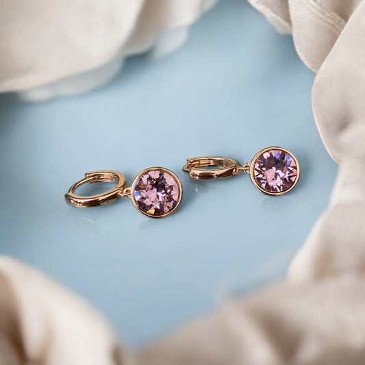 Gold Plated Stainless Steel Earrings-rings with decorative pale pink crystal