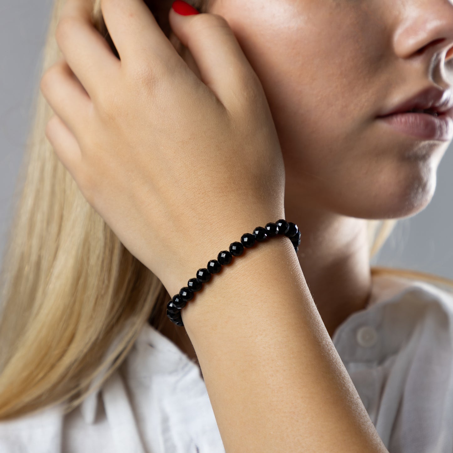 Black Tourmaline bracelet (Black Tourmaline/Schorl, polished shape, 6mm. For protection, money and success.)