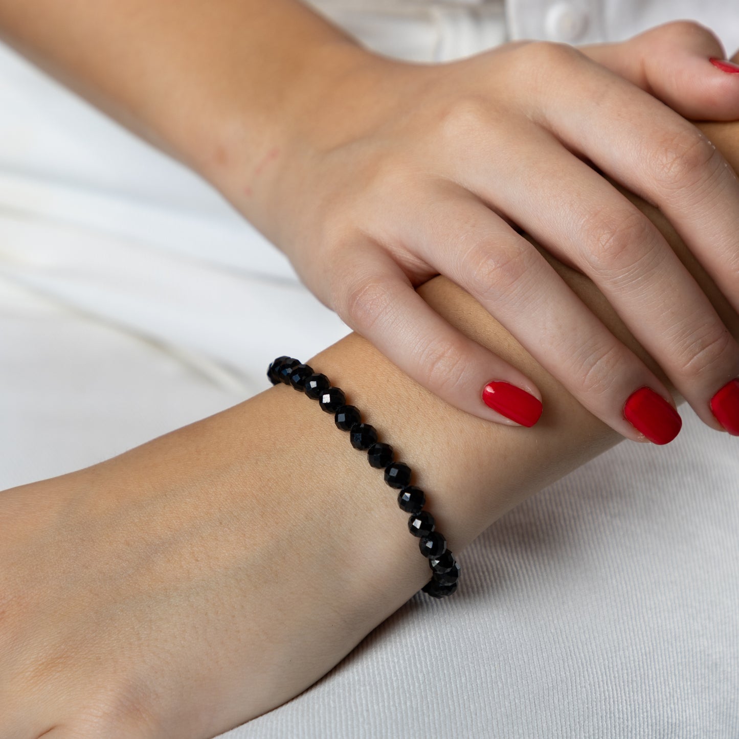 Black Tourmaline bracelet (Black Tourmaline/Schorl, polished shape, 6mm. For protection, money and success.)