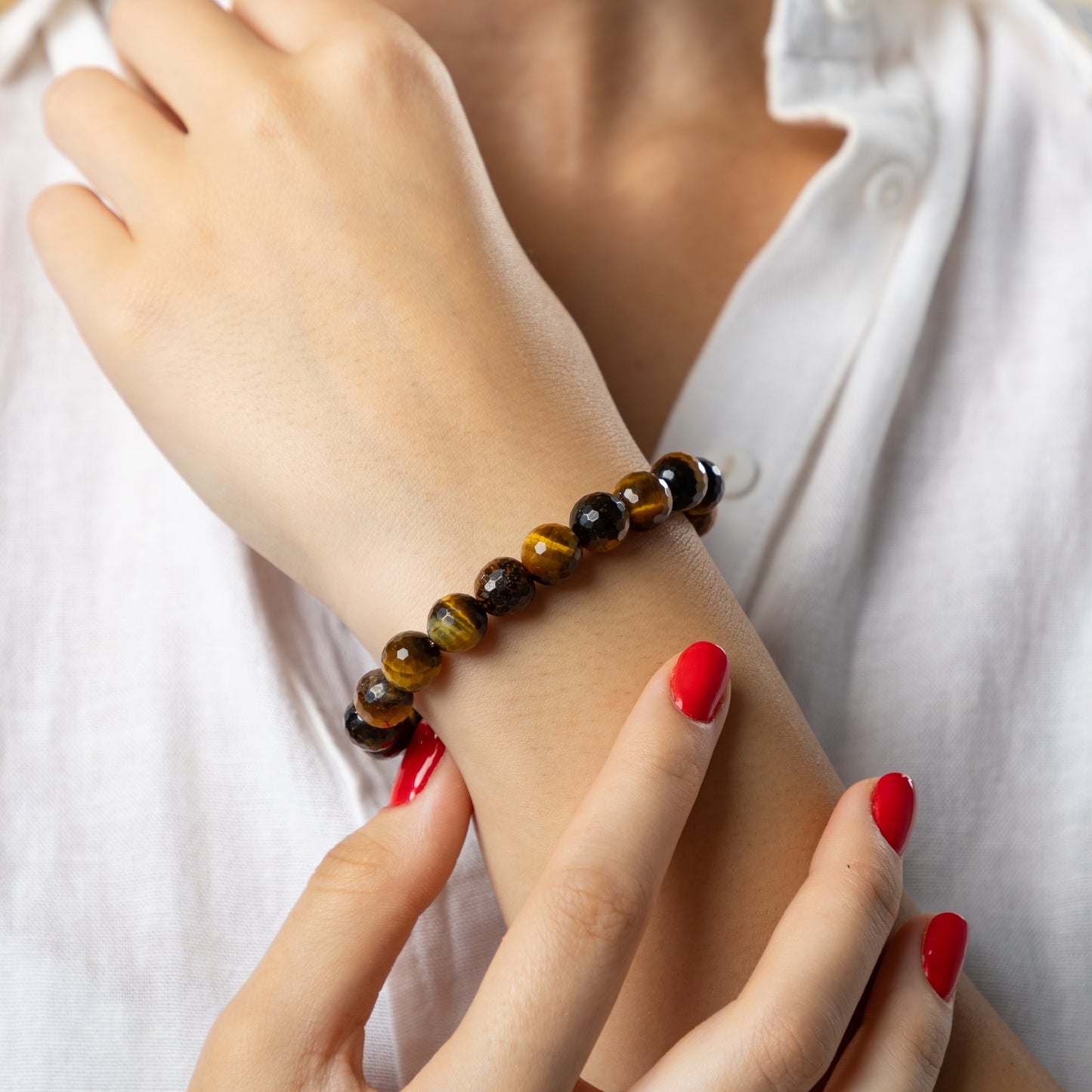 Tiger Eye bracelet (Tiger Eye, polished shape, 10mm. For protection, well-being and health.)