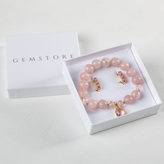 Madagascar Rose Quartz bracelet set with decorative crystals earrings