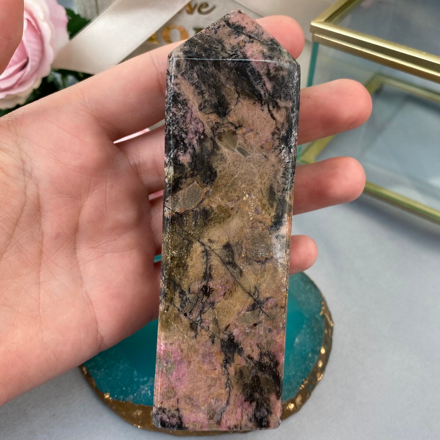 Rhodonite tower (Rhodonite 403g., 11.5x3.5cm)