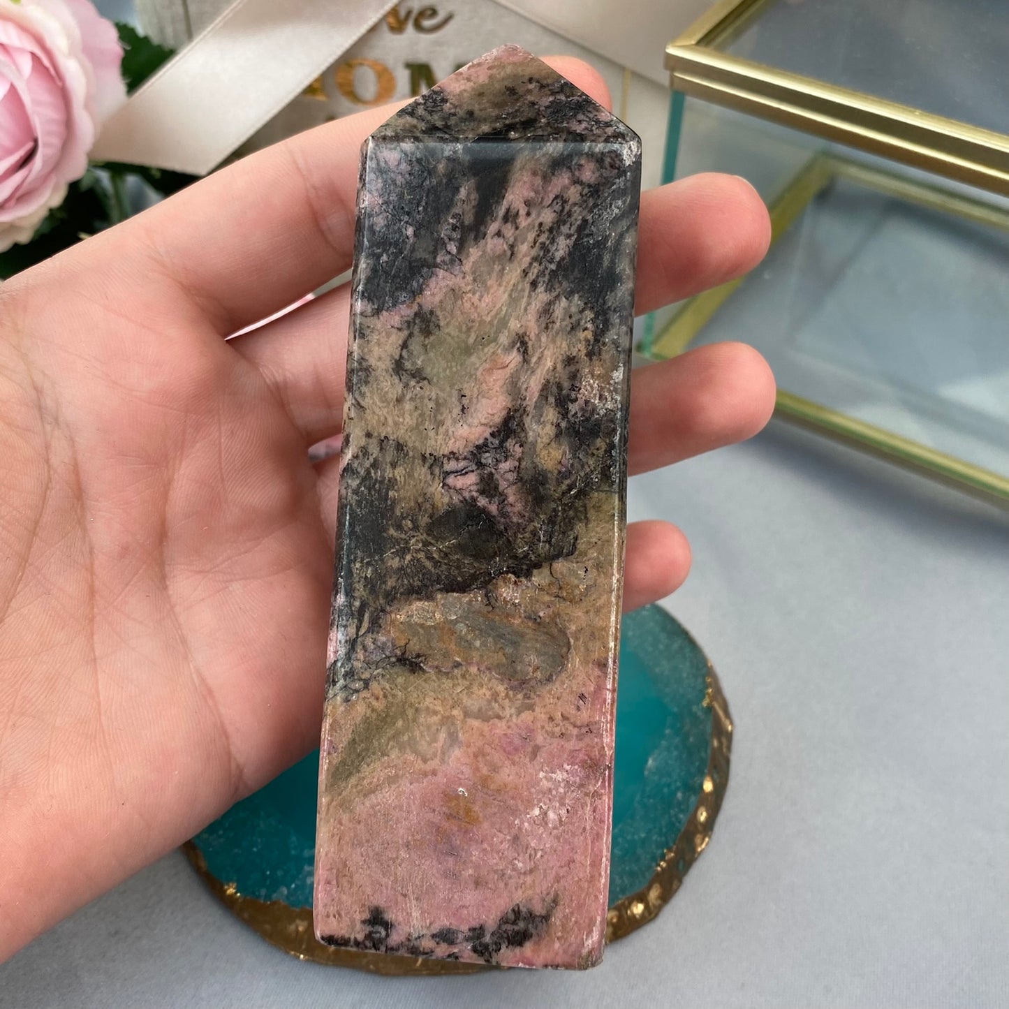 Rhodonite tower (Rhodonite 403g., 11.5x3.5cm)