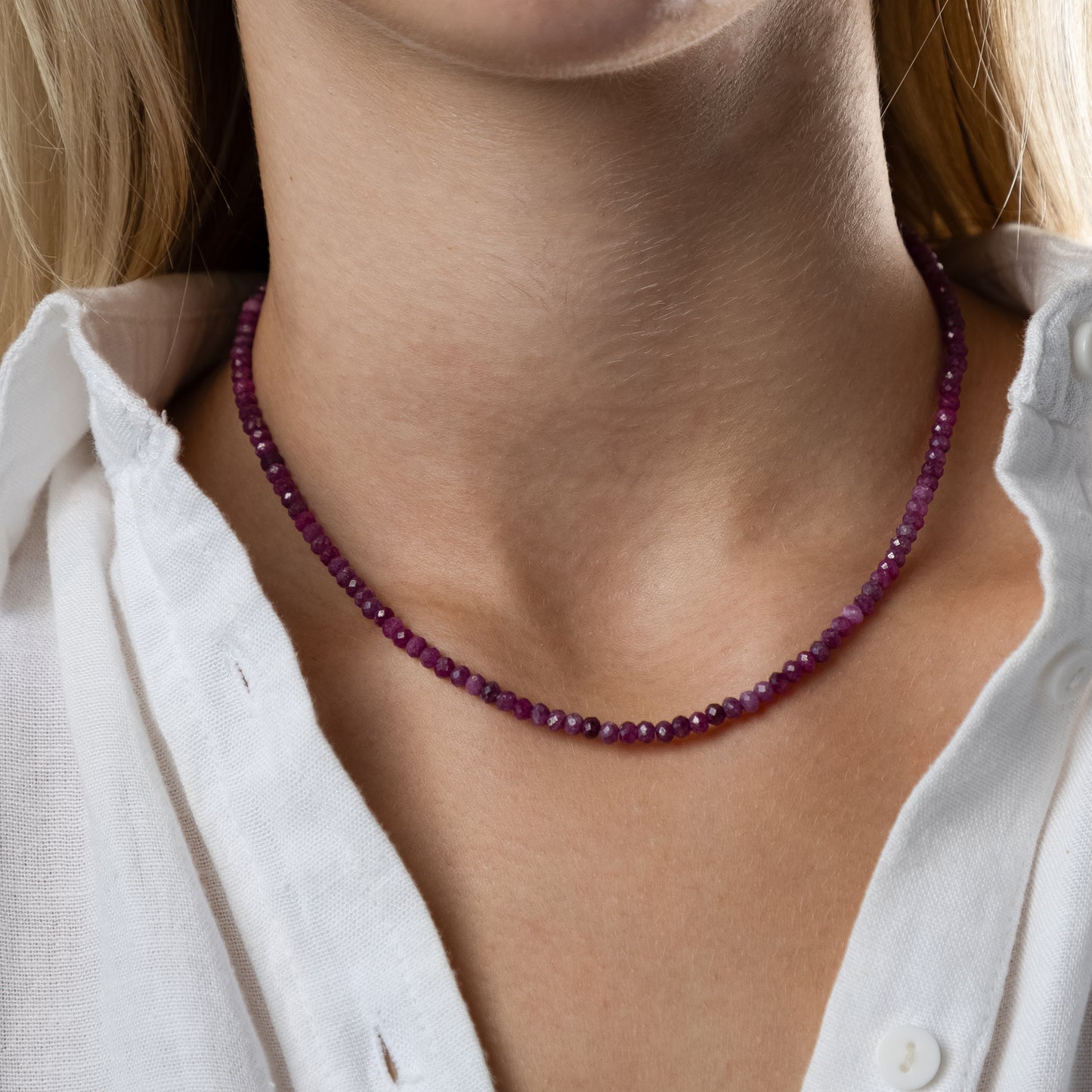 Ruby necklace (Ruby with a certificate, polished shape, 4mm, 38cm. Clasp Silver 925 gold plated.)